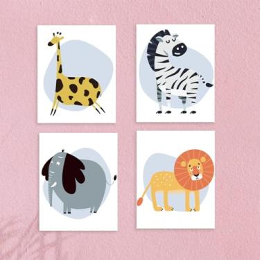 Imagem de 4 peças de decoração de parede de animais fofos desenhos animados, sem moldura, colorido, safári, animal, pintura, pôster, arte para paredes, adorável leão elefante decoração de parede impressões