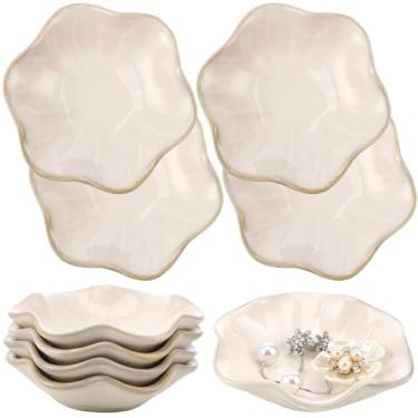 Imagem de Toyosport Pratos de joias de cerâmica, pratos de anel de folha de lótus, bandejas pequenas de bugigangas, pratos de cerâmica branca, porta-joias com acabamento dourado