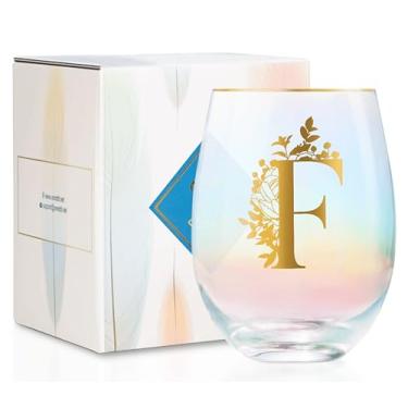Imagem de Onebttl Presentes de vinho personalizados para mulheres, taça de vinho sem haste fofa com iniciais, presentes de monograma para amantes de vinho em aniversários de Natal, F