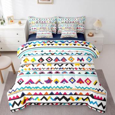 Imagem de Erosebridal Jogo de cama asteca de 7 peças King colorido conjunto de edredom com lençol de desenho animado simples geométrico infantil em uma bolsa Tribal Rhombus Boho para adolescentes homens e