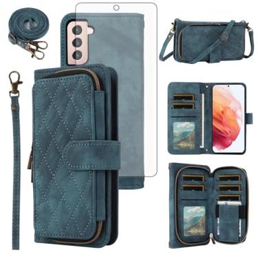 Imagem de Capa de celular para Samsung Galaxy S21 5G 6,2 polegadas carteira celular com protetor de tela de vidro temperado alça transversal alça flip suporte zíper bolsa porta-cartão slot celular S 21 21S G5