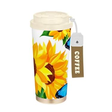 Imagem de TSENQUE Girassóis brilhantes borboletas azuis, caneca de café de viagem 41 onças com canudo e tampa, canecas de café de parede dupla isoladas a vácuo com revestimento cerâmico para escola, escritório