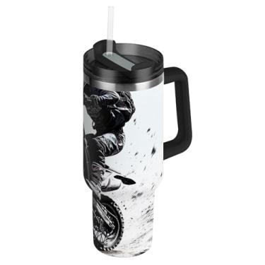 Imagem de Joisal Dirt Bike Jump Tumblers com tampa e canudo Garrafa de água isolada de aço inoxidável 1,134 g Copo com alça a vácuo carros caneca de café bebida quente