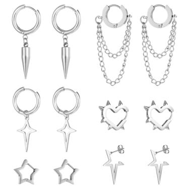 Imagem de 6 pares de brincos masculinos, de aço de titânio, estilo punk grunge, brincos de argola com pingente de gota, joias para presentes de Natal