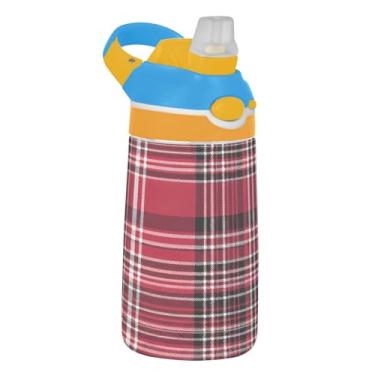 Imagem de Garrafa de água esportiva infantil xadrez vermelha preta clássica para escola, 473 ml, 473 ml, garrafa de água Tritan com canudo, copo infantil portátil à prova de vazamento, alça de transporte