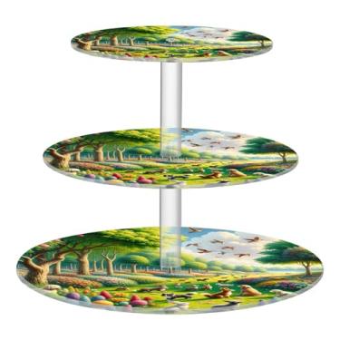 Imagem de Suporte de cupcake para festa de chá, 3 camadas, redondo, floresta, animal, verde, torre de bolo, suporte de rosquinha para servir de casamento, suporte de sobremesa, plástico
