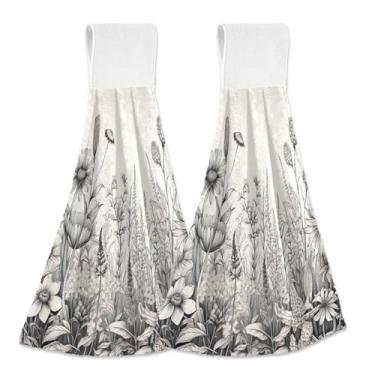 Imagem de Joitme Conjunto de 2 toalhas de mão para pendurar flores silvestres pretas e brancas, toalhas de banheiro de lã coral macias com laço para pendurar e fita mágica, panos decorativos para forno ou pia