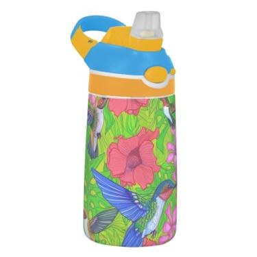 Imagem de Garrafa de água floral colorida verde rosa infantil com canudo 473 ml Tritan 473 ml Garrafa de água esportiva reutilizável portátil para crianças, à prova de vazamento, alça de transporte