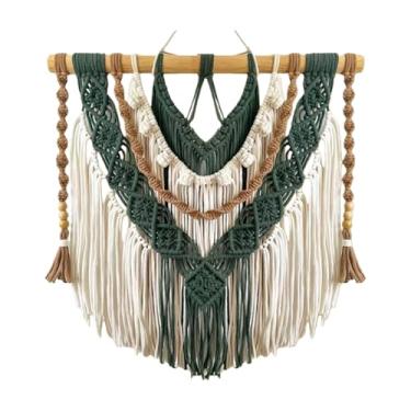 Imagem de Macrame Wall Hanging Tapeçaria de parede em macramê estilo boho – tapeçaria algodão verde e creme tecida à mão com suporte madeira(120x130cm/47x51in)