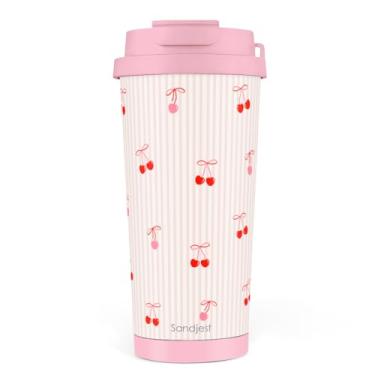 Imagem de SANDJEST Copo de café com tampa 2 em 1 de aço inoxidável cereja 510 g, caneca de viagem isolada, presente para mulheres, meninas, amigas, ideia de presente para aniversário, Natal