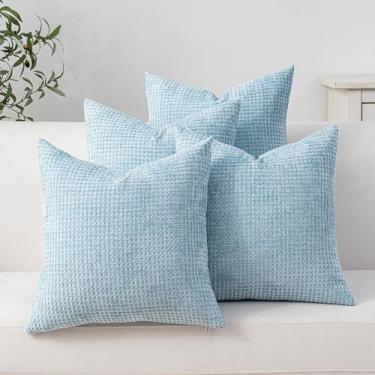 Imagem de Cushonix Pacote com 4 capas de almofada 50,8 x 50,8 cm azul claro boho capas de almofada decorativas de casa de fazenda para sofá-cama, sofá, sala de estar, decoração de casa, fronha quadrada macia