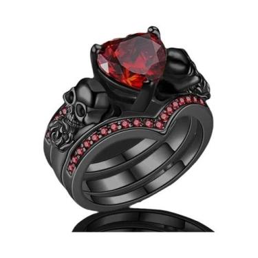 Imagem de Anel De Zircônia Coração Caveira Gótica Preto Vermelho Roxo Decoração 
