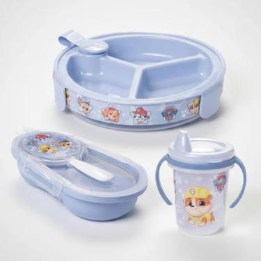 Imagem de Kit Refeição Patrulha Canina Baby 3 em 1, Prato Térmico com Ventosa, Copo de Treinamento com Alças, Porta Papinha 230ml com Colher, Livre de BPA, Azul