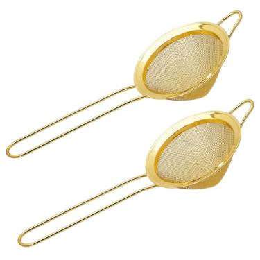 Imagem de 2 coadores de malha fina de aço inoxidável 304 de 8,4 cm para cozinha, coador de coquetel, chá, café, suco, coador de alimentos, mini peneira (2, dourada)