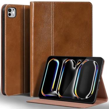 Imagem de Gexmil Capa de couro genuíno para iPad Pro de 13 polegadas (M5/M4) 2025/2024 com suporte ajustável, capa protetora à prova de choque de couro premium inteligente, hibernar/despertar automático