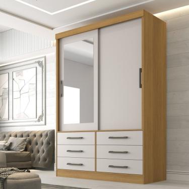 Imagem de Guarda Roupa Casal 2 Portas 6 Gavetas Com Espelho 100% Mdf Atlanta Cinamomo/Off White