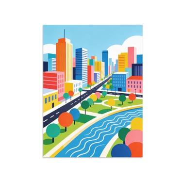 Imagem de Pôster paisagem - Rio Cidade Colorido - Impressões em Tela - Imagem Moderna Natureza para Sala de Estar Decoração 50x65cm Sem Moldura