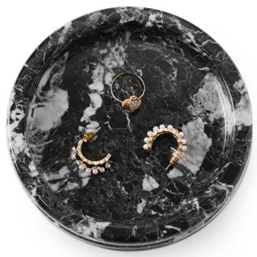 Imagem de SPESHSTONES Bandeja de joias de mármore, suporte de pedra preta feito à mão para anel, colar, brinco e organizador de perfume - Prato decorativo para decoração vintage