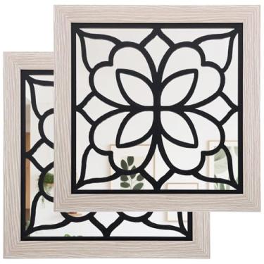 Imagem de 2 peças de espelhos de parede quadrados de madeira decorativos, decoração de espelho de parede boho, 30,5 cm x 30,5 cm, espelhos de estilo vintage inquebráveis, pequeno espelho de parede para parede
