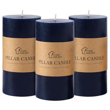 Imagem de Conjunto de 3 velas de pilar azul marinho de 7 x 15 cm - velas de pilar sem cheiro, velas longas sem gotejamento para decoração de mesa de casa, vela grande sem fumaça para casamento, jantar, igreja