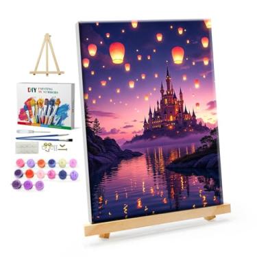 Imagem de YOYA Kit de pintura emoldurada por números para adultos - Kits de pintura de castelo por números em tela com cavalete, pintura de paisagem DIY por número tela emoldurada para decoração de parede de