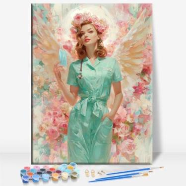 Imagem de HUINORYA Angel Nurse Professional White Collar Quadro Quadro DIY Pintura por Números Kit Bar Café Caverna Casa Parede Banheiro Varanda Pátio Decoração Presente, 40,6 x 30,5 cm