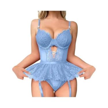 Imagem de Conjunto De Lingerie Sexy Com Sutiã Transparente De Renda E Cinta-Liga