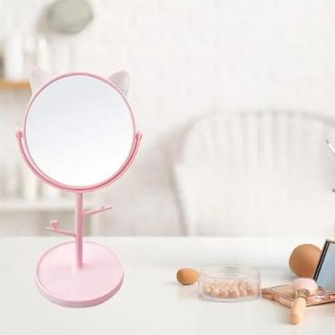 Imagem de Espelho de Mesa para Maquiagem com Orelhas de Gato, Rosa, 20cm, Rotação 360°, com Suporte para Bijuterias e Acessórios