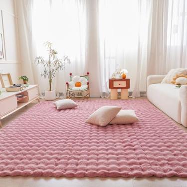 Imagem de Tapete de pelúcia de coelho rosa para quarto de sala de estar, sofá, 2,5 m x 25,4 m de pele sintética felpudo retangular quadrado para quarto de crianças e adolescentes, tapete peludo para berçário,