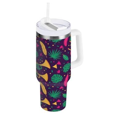 Imagem de Blueangle Copo isolado Carnaval de 850 g Carnaval com alça e tampa de palha, caneca de viagem reutilizável de aço inoxidável (546)