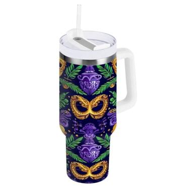 Imagem de Blueangle Copo isolado de máscara de carnaval de carnaval de 850 g com alça e tampa de palha, caneca de viagem reutilizável de aço inoxidável (375)