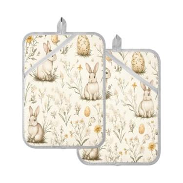 Imagem de STAYTOP Pacote com 2 pegadores de panela de coelho da Páscoa e ovos, almofadas quentes resistentes ao calor com bolsos, conjuntos de suportes de panela antiderrapantes para cozinha, assar e cozinhar