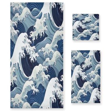 Imagem de xigua Conjunto de toalhas de banheiro com ondas de desenho animado absorvente macio 3 peças toalha de banho toalha de mão toalhas decorativas para banheiro, academia, hotel, praia, piscina