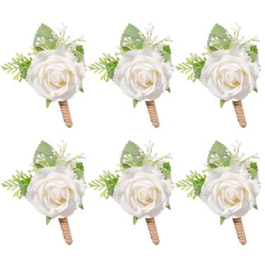 Imagem de CIATBYYJ 6 peças de flor de rosa marfim para homens, padrinhos padrinhos, flores artificiais, para cerimônia de casamento, aniversário, jantar formal, outono vintage rústico casamento formatura