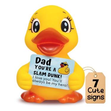 Imagem de Pato de borracha positivo, suporte inspirador, decoração de casa e carro, pato de borracha fofo com 7 cartões positivos para aniversários, melhor presente para mulheres, homens (pato amarelo (Pai
