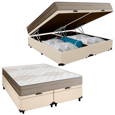 Imagem de Cama Box Baú Casal Bipartido Sintético + Colchão De Molas Ensacadas Portobel Ipanema 138x188x66cm Bege