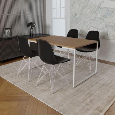Imagem de Mesa Industrial Base Ferro Branco 137X90 Tampo Amêndoa 4 Cadeiras Eiffel Ferro Branco Assento Preto