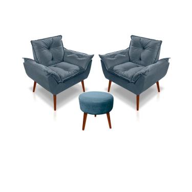 Imagem de Kit C-02 Poltronas Opala + 01 Puff Redondo Danny Suede Azul Turquesa