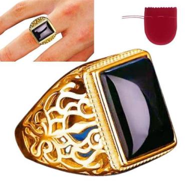 Imagem de Anel Masculino Dourado Pedra Preta Banhado Ajustável - Pjk store