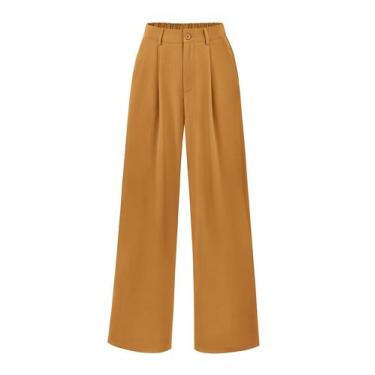 Imagem de Calças PRETTYGARDEN Pantalona Marrom Amarelo Cintura Média Alta