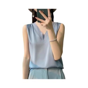 Imagem de Camiseta Feminina De Verão Em Seda Sintética Com Manga Curta Elegante 