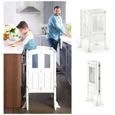 Imagem de Banqueta Torre de Aprendizagem Dobrável Martha Stewart Guidecraft Kitchen Helper Branco Linho Madeira Bétula Altura Ajustável