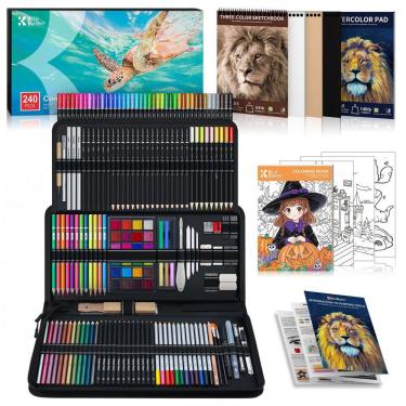 Imagem de Kit de arte 240 peças Kird Barken com lápis grafite, cor, aquarela, metálico, fluorescente, arco-íris, sketchbooks e estojo