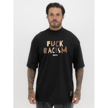Imagem de Camiseta Camisa Oversized Gola Alta Estampa Fuck Rascim Racismo Streetwear Algodão Premium Preto-Masculino