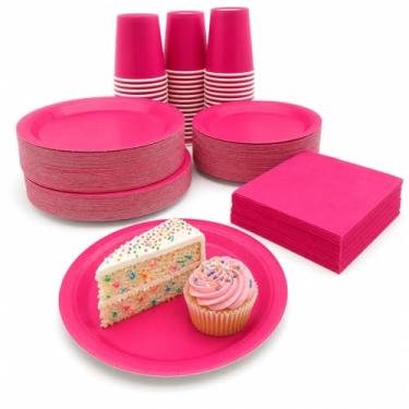 Imagem de Oojami Conjunto de pratos e copos de festa descartáveis rosa para pratos de jantar de 127 a 23 cm, pratos de sobremesa de 18 cm, copos de 255 g, guardanapos de 3 camadas – utensílios de mesa