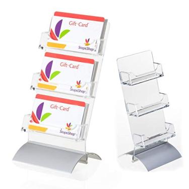 Imagem de Suporte de cartão de visita ou cartão de presente premium para mesa, 3 bolsos, parte traseira inclinada – prata