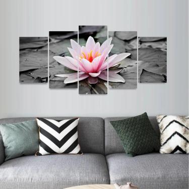 Imagem de Quadro Água Flor Lírio de Rosa Aquático Mosaico 5 Peças