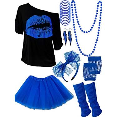 Imagem de Conjunto de acessórios de fantasia feminina dos anos 80 neon retrô, saia tutu, faixa de cabeça, luvas arrastão, brinco, colar, polainas, Azul-real, Large