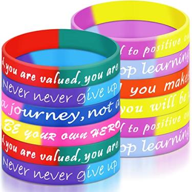 Imagem de 32 pulseiras de borracha inspiradoras de silicone com citação motivacional e coloridas, pulseiras elásticas inspiradoras, pulseiras sortidas, unissex, para homens e mulheres, artigos para festa de aniversário de Natal