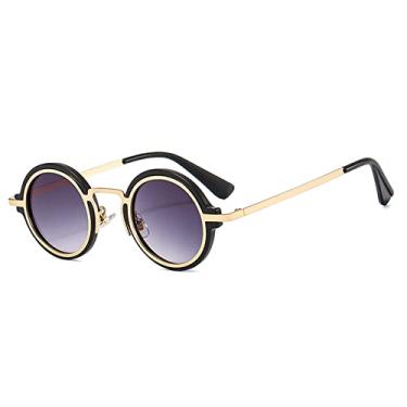 Imagem de Óculos de sol redondos pequenos da moda femininos retro punk gradiente óculos de sol masculinos populares moda óculos de sol uv400 metal, preto duplo cinza, tamanho único